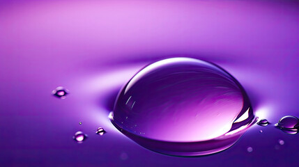 Big drops of sphere liquid water dew with beautiful purple round shape light glare and shadows on saturated macro close-up on violet background created with Generative AI Technology