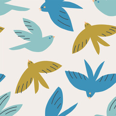 Beautiful hand drawn pattern with colourful birds. Seamless texture with different birds. Cute nature illustration background