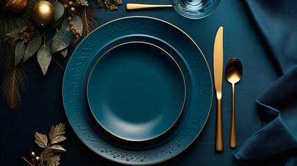 Christmas table setting blue plates and golden
