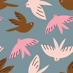 Beautiful hand drawn pattern with colourful birds. Seamless texture with different birds. Cute nature illustration background - 684536876