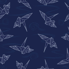 Minimalist seamless pattern with origami paper cranes on blue background