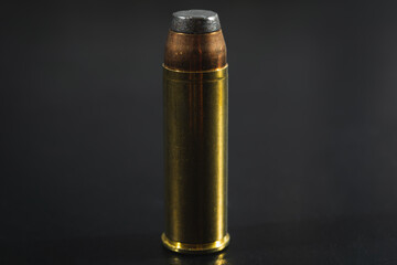 Macro photo of a 44 magnum caliber revolver cartridge.