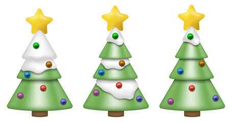 Fototapeta premium Set of 3d realistic Christmas tree with shadow isolated on white background. Vector illustration.