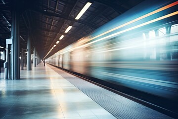 Fototapeta na wymiar A blurred subway platform symbolizing the speed and movement of modern urban transport.