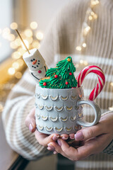 A cup of hot drink with gingerbread, marshmallow and candy in female hands.