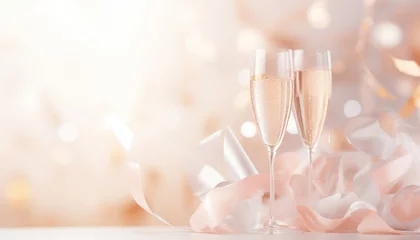 Fotobehang Two pink champagne glasses on a two tone pastel background. Celebration minimal concept copy space. Golden festive background. minimalism,romantic style © annebel146