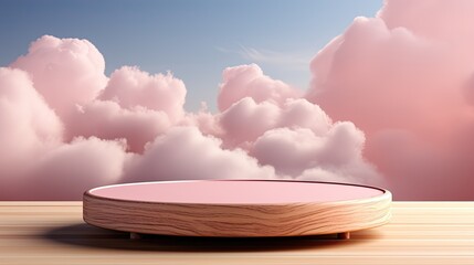 Woodem Podium for product, isolated on pink background with fluffy clouds