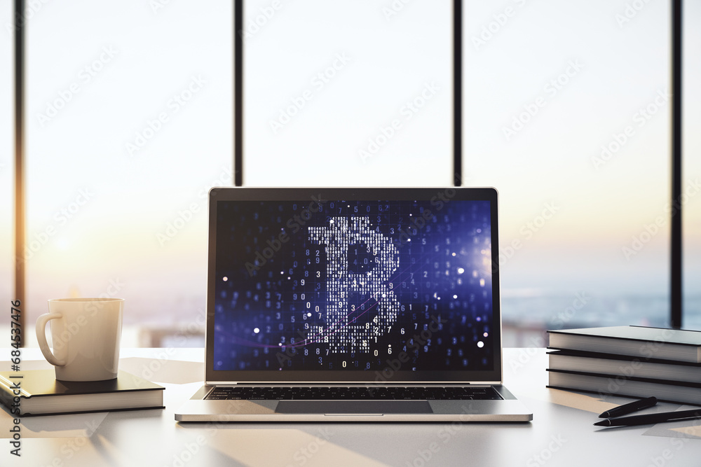 Poster Modern computer monitor with creative Bitcoin symbol. Cryptocurrency concept. 3D Rendering