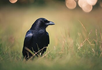 Fototapeta premium AI generated illustration of a black crow perched on lush green grass
