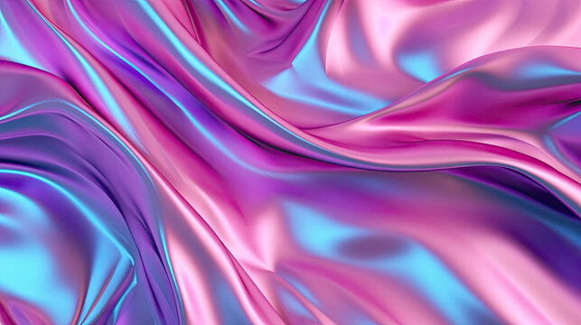 Glossy holographic foil texture magenta, cyan and pink colorful pattern in flowing fabric style abstract minimalist soft colors
