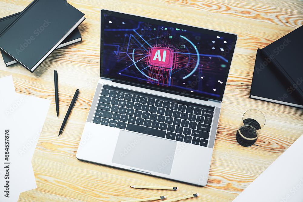 Poster Computer monitor with creative artificial Intelligence abbreviation. Future technology and AI concept. 3D Rendering