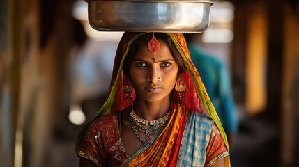 Attractive Indian woman portrait wearing traditional sari and jewelery holding bowl on the head