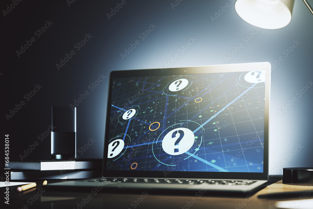 Aufkleber creative abstract question mark hologram on modern computer monitor, future technology concept. 3d r