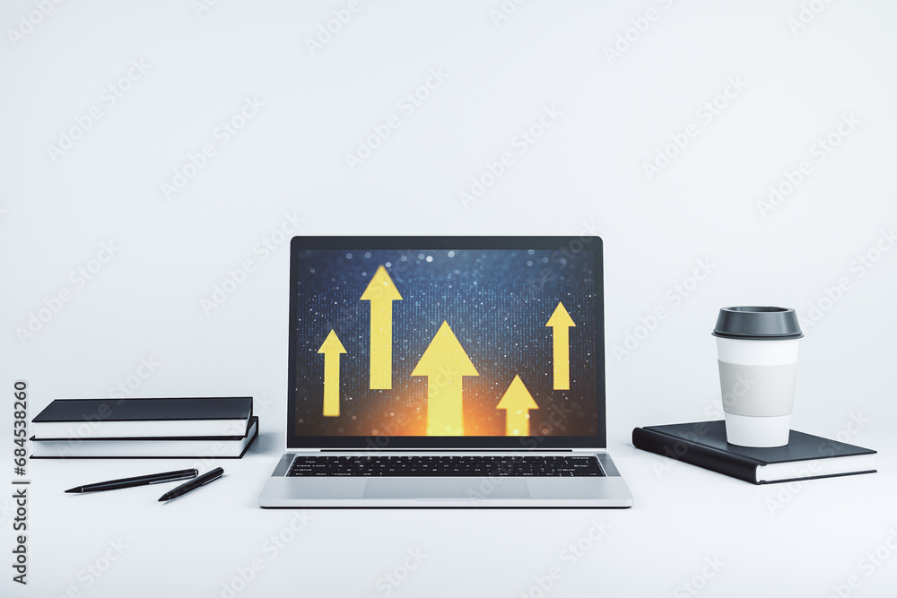 Poster creative abstract upward arrows sketch on modern laptop monitor, target and goal concept. 3d renderi