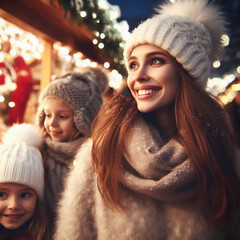 Young happy woman with children at the Christmas market