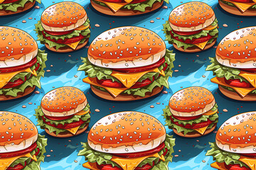 seamless pattern with burgers hamburgers cheeseburgers on blue background. Decor for fast food cafe decoration