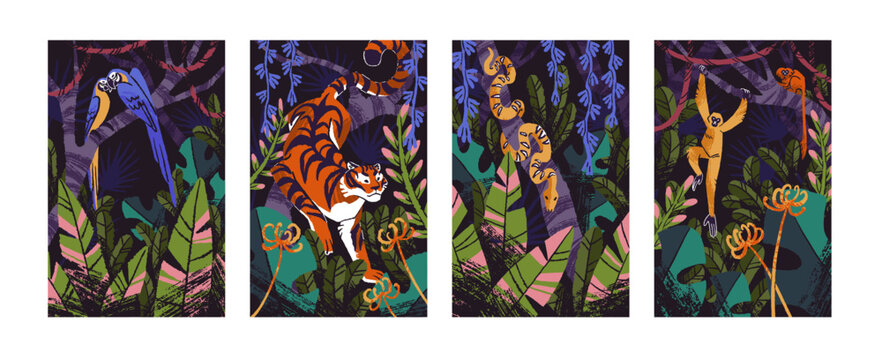 Jungle flora and fauna set. Tropical animal in rainforest: tiger, monkey, snake, blue macaw. Amazon parrots, exotic python on tree. Golden marmoset, gibbons in palm leaves. Flat vector illustration