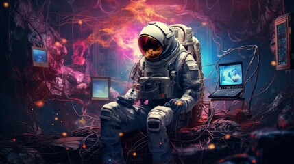 interstellar encounter: futuristic media technology in space, a dynamic composition of astronauts...