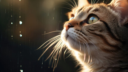 Close up of beautiful curious cat face from side looking at falling water drops