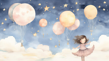 Dreamy watercolor illustration of a little girl floating in the sky at night with clouds, hot air balloons, stars and the moon as a background