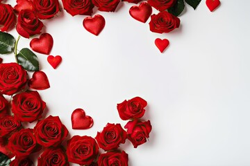 Fototapeta na wymiar Bouquet of red roses and hearts on white background. Valentine's day, banner format. Place for text.