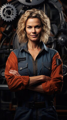 middle aged female mechanical engineer in working uniform and crossed arms with a large machine in the background created with Generative AI Technology