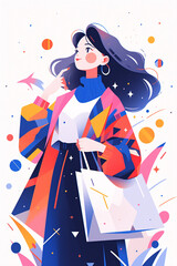 Woman holding shopping bags shopping in mall, e-commerce promotional shopping illustration