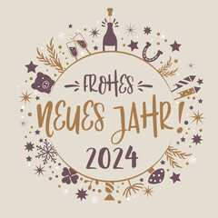 Fototapeta na wymiar Frohes neues Jahr 2024 Neujahrsgrüße Kalligraphie mit Symbolen und deutschem Text - beige, gold und rotbraun