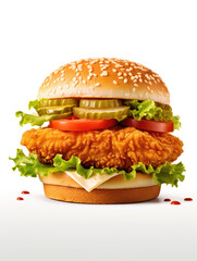 chicken burger with cheese, tomato and lettuce isolated on white background created with Generative AI Technology