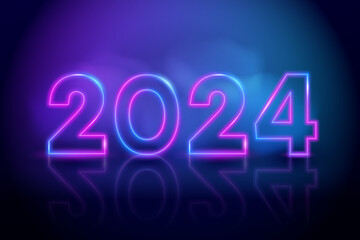 Purple vector neon tube numbers 2024. New year neon color numbers