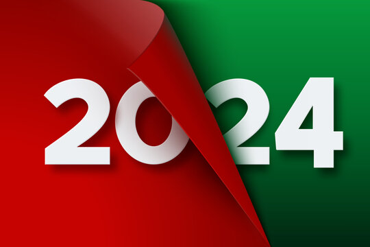2024 New Year red paper sheet with curled corner. Curled page corner with shadow and numbers. Colorful 2024 Happy New Year banner