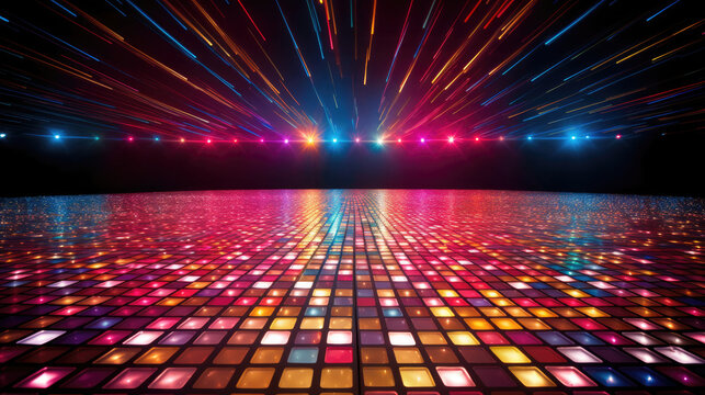the disco floor glows and shines against a backdrop of colorful lights