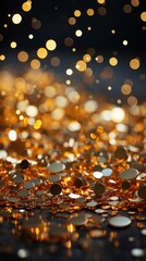 round gold sequins new year sparkles, lights on a dark background. vertical