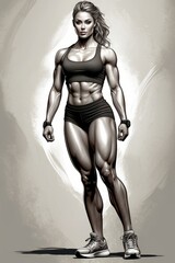 Fototapeta na wymiar Black and white photo of a young athletic muscular fitness woman with a toned figure wearing sportswear stands on a gray background.