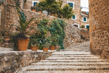 The old staircase in the cozy street of a small village Fornalutx