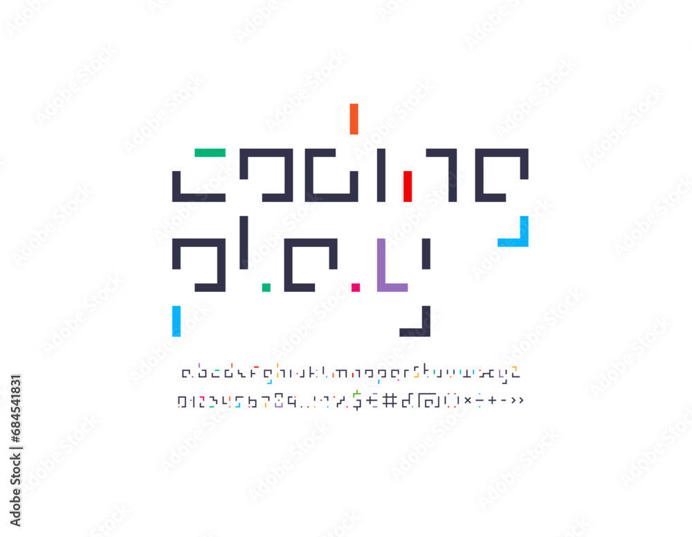 Poster coding lines font, technology alphabet, digital letters and numbers, vector illustrator 10 eps