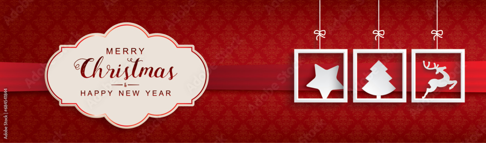 Wall mural ornaments 3 frames merry christmas classic emblem red header