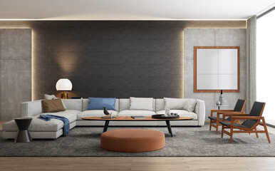 The modern luxury interior of the living room is bright and clean. 3D illustration
