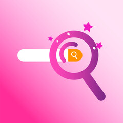 Vector illustration of magnifying glass icon on search bar. Concept of searching, finding on internet, customer service, finding solutions.