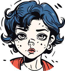 Vector cartoon illustration of a young woman with pimples on her face