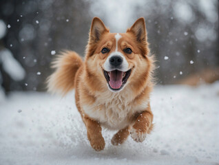 Portrait of a happy dog enjoying the snow.