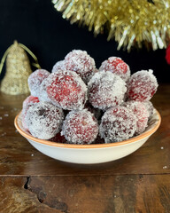 Sugared cranberries in a small bowl