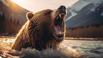 Brown grizzly bears roar in the middle of a fast flowing river water with views of forests and mountains created with Generative AI Technology - obrazy, fototapety, plakaty