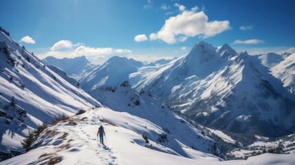 Fototapeta premium a man walks along a snowy plain in snowy mountains, active recreation, banner, copy space, back view