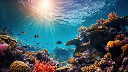 beautiful colorful coral reefs that require protection and conservation of the marine ecosystem, banner - obrazy, fototapety, plakaty