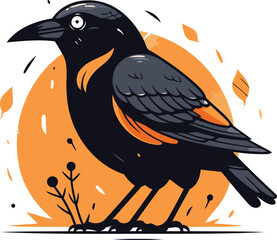 Crow vector illustration hand drawn black bird with orange background