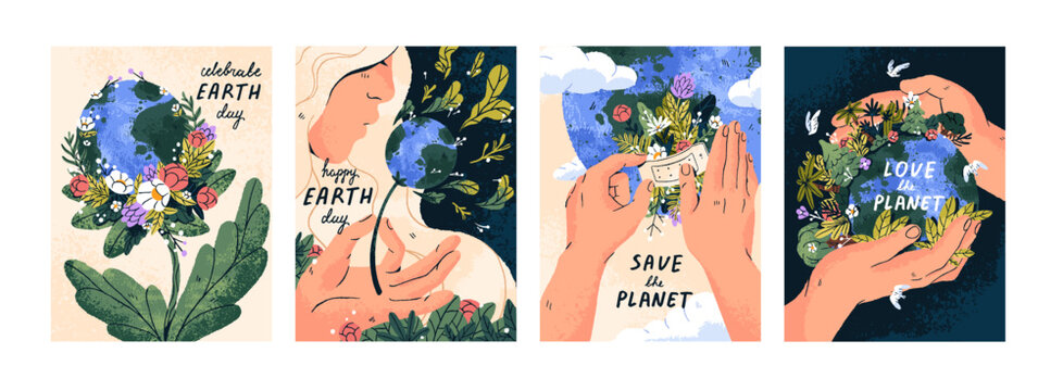 Happy Earth Day, 22 April poster set. Human hands hold globe, save the planet, support environmental protection of nature, ecology, environment. Ecological healthy world. Flat vector illustration