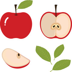 Set of fresh whole, half, cut slice and leaves red apple fruit illustration isolated on white background