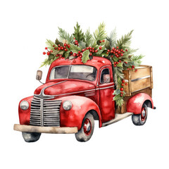 watercolor Vintage Red Christmas classic Truck carrying a Christmas tree on a white background