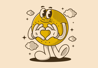 Ball character with happy face, hands forming heart sign